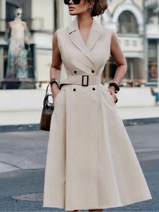 Urban Plain Buttoned Midi Dress With Belt