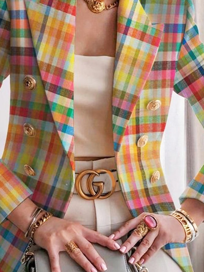  Urban Pastel Plaid Buttoned  Lapel Collar Blazer