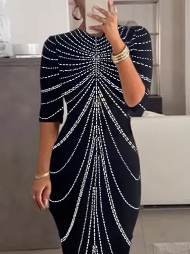 Casual Abstract Polka Dots Printing Crew Neck Midi Dress