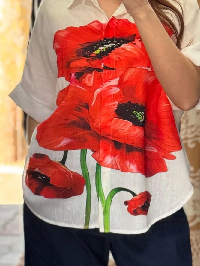 Casual Floral Printing Shirt Collar Raglan Sleeves Shirt