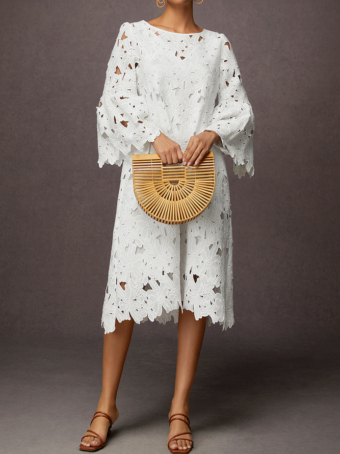 Plain Vacation Crew Neck Three Quarter Loose Skirt Dress
