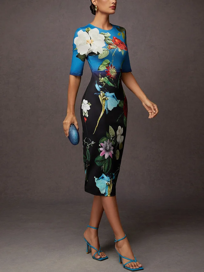 Urban Floral  Printing Crew Neck Midi Dress