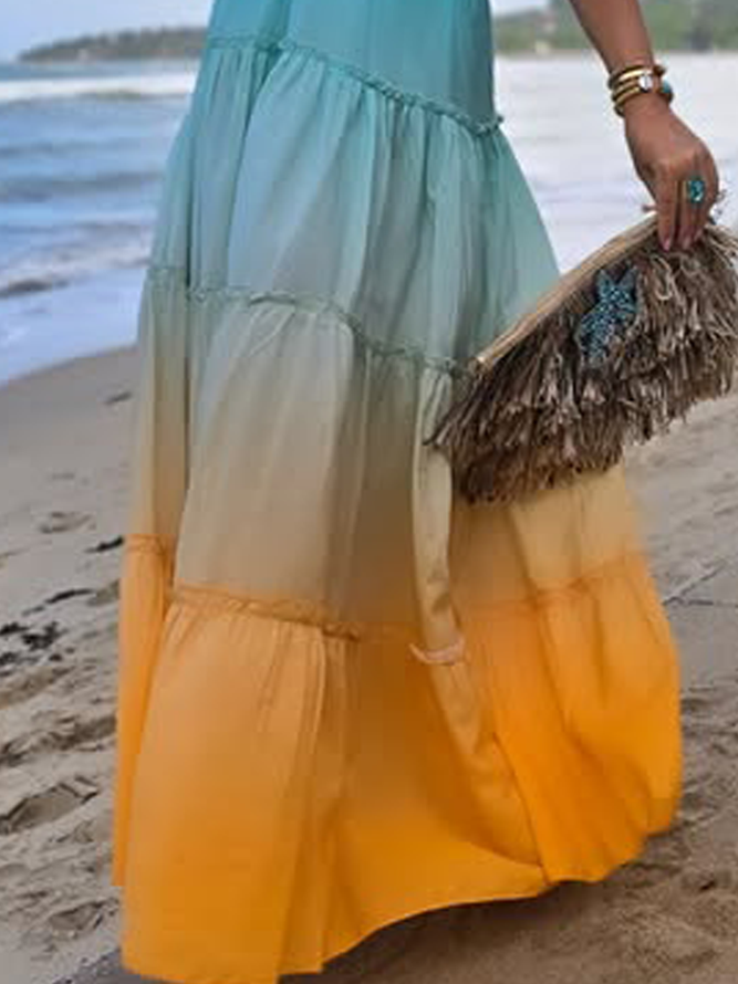 Vacation Ombre Printing Spaghetti Maxi Dress