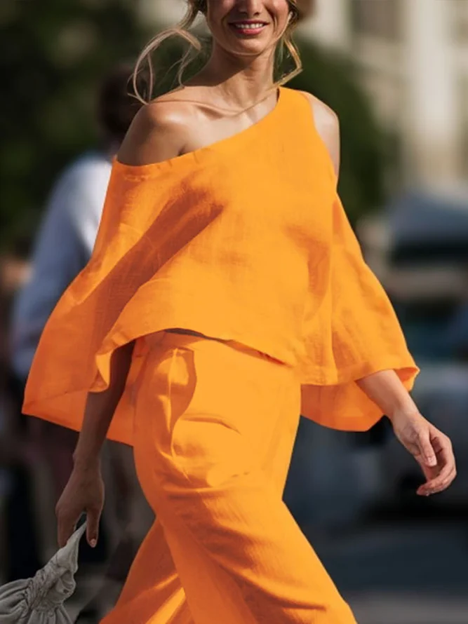 Linen Blend Casual Plain Hollow Out Asymmetrical Blouse