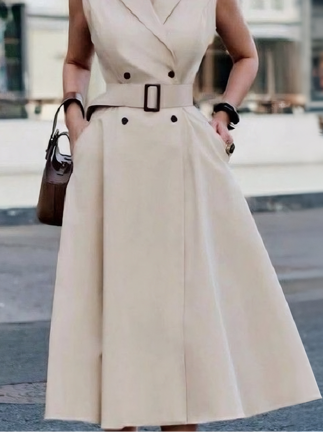 Urban Plain Buttoned Midi Dress With Belt