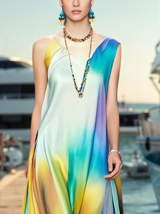 Vacation Random Print Printing V Neck Maxi Dress