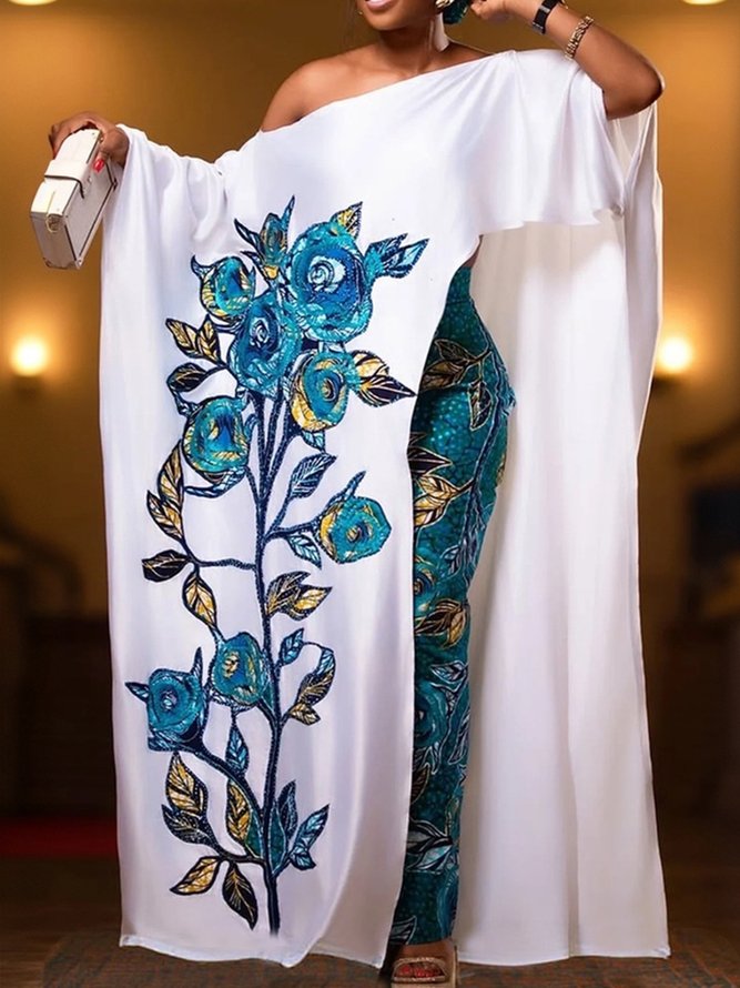 Satin Urban Floral Printing Crew Neck Raglan Sleeves Blouse