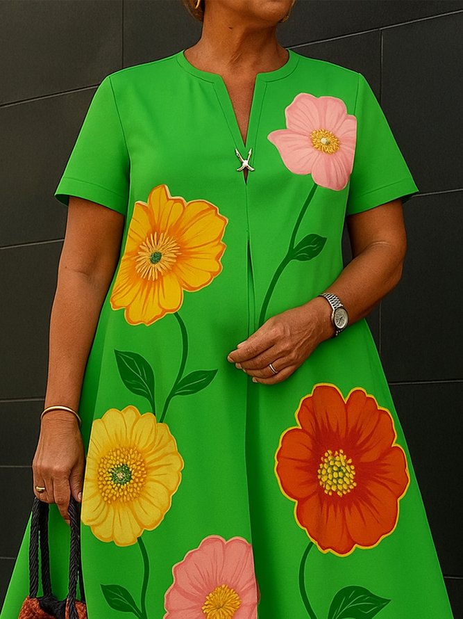 Casual Floral Printing Notched Loosen Midi Dress