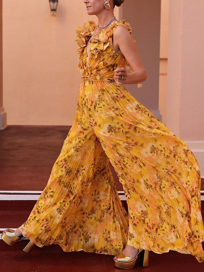 Vacation Printing Floral V Neck Tank Jumpsuit