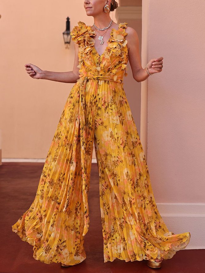 Vacation Printing Floral V Neck Tank Jumpsuit