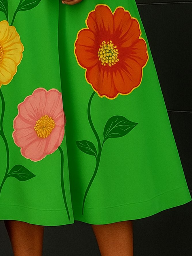 Casual Floral Printing Notched Loosen Midi Dress