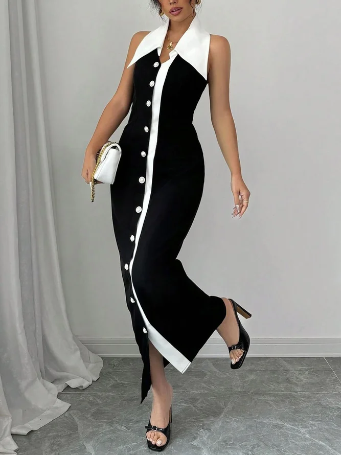 Urban Color Block Split Joint Shawl Collar Maxi Dress