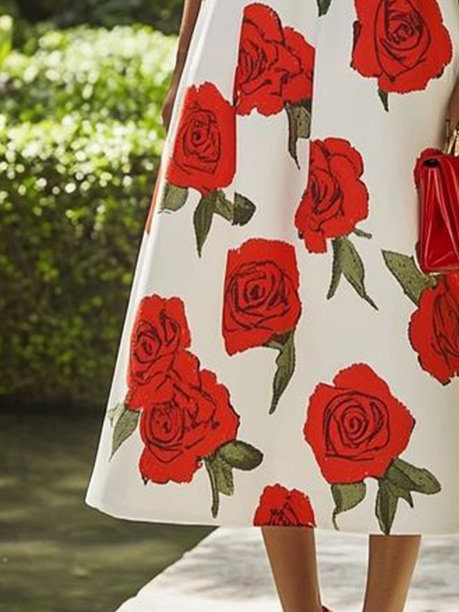 Elegant Floral Printing Stand Collar Midi Dress