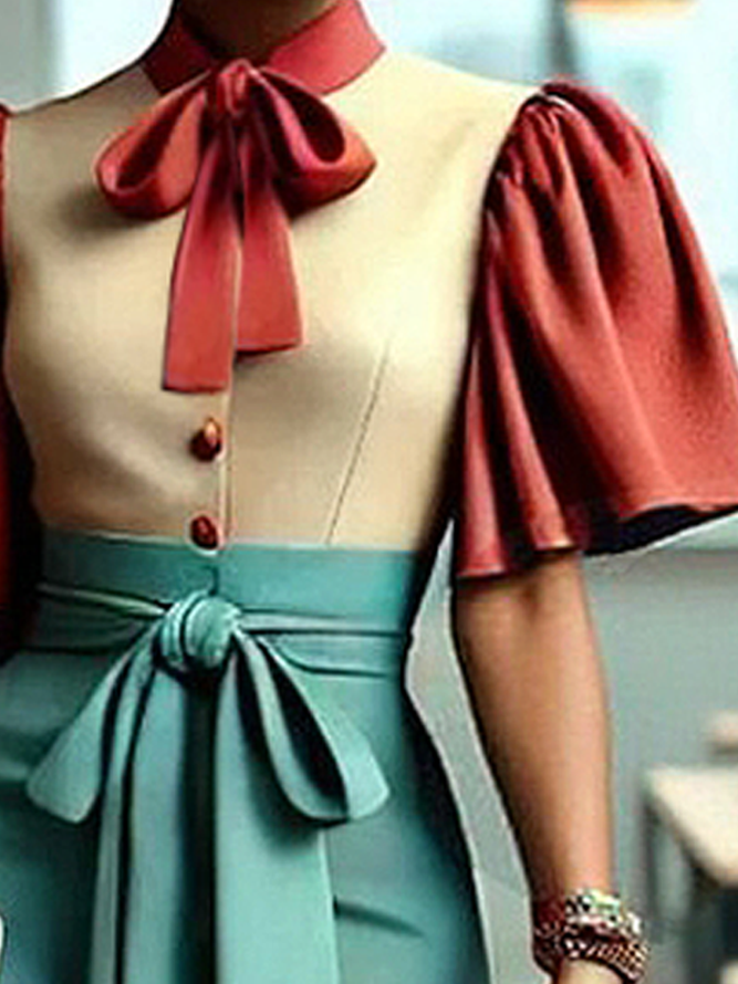 Elegant Color Block Split Joint Stand Collar Puff Sleeve Shirt