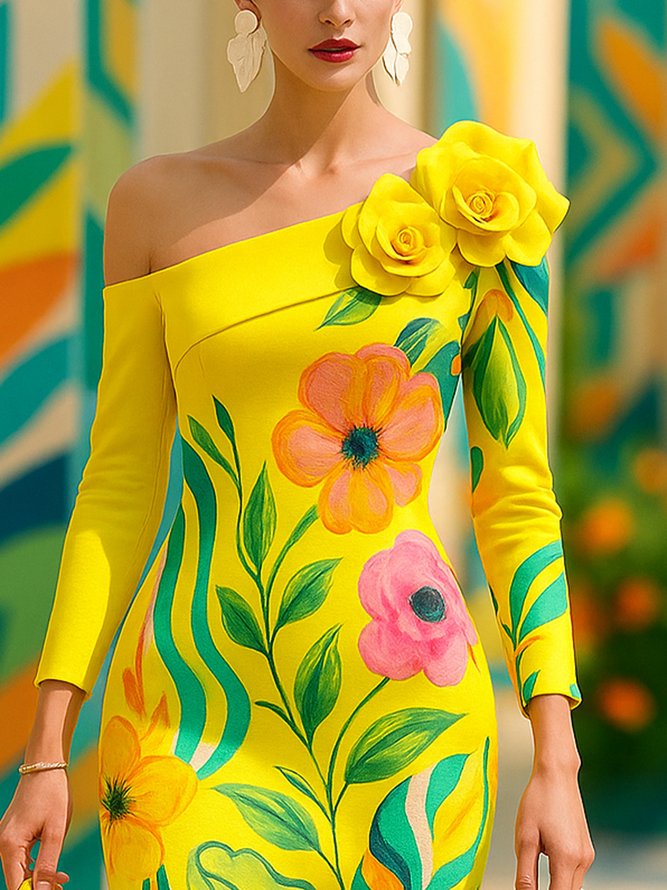 Elegant Floral Printing Asymmetrical Midi Dress With 3D Floral