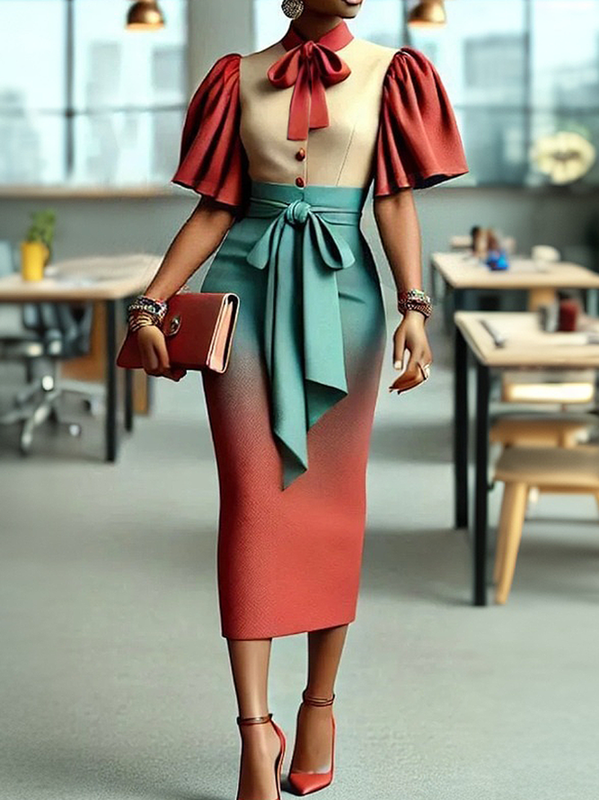 Elegant Color Block Split Joint Stand Collar Puff Sleeve Shirt