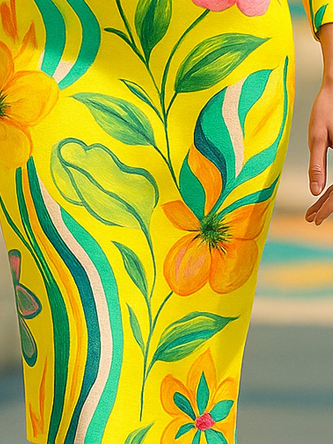 Elegant Floral Printing Asymmetrical Midi Dress With 3D Floral