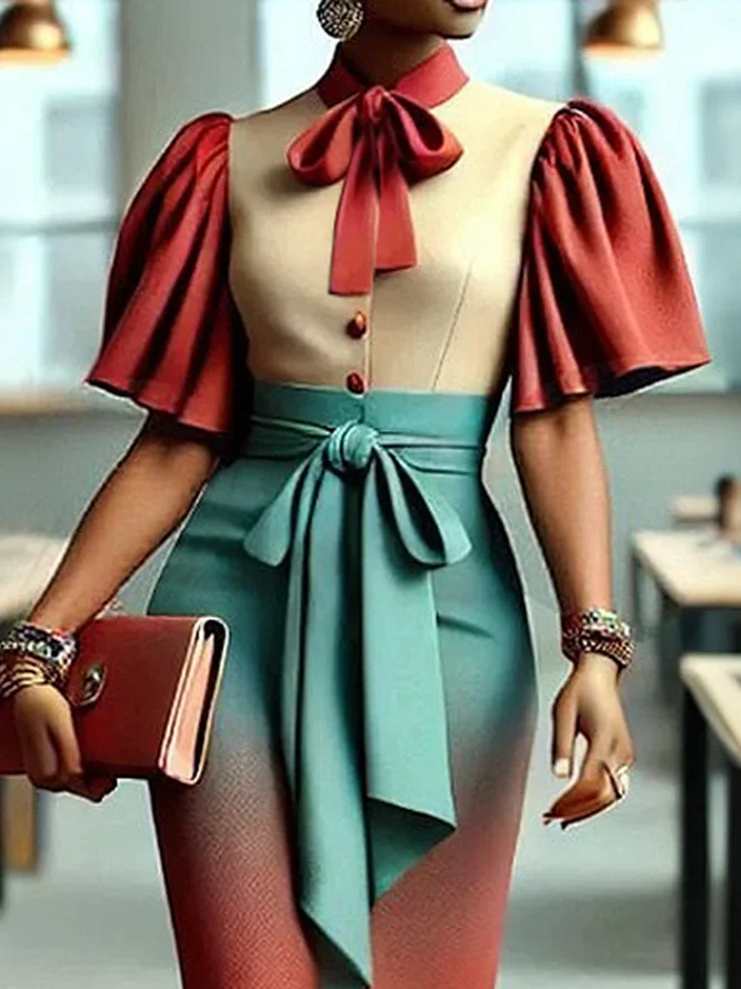 Elegant Color Block Split Joint Stand Collar Puff Sleeve Shirt