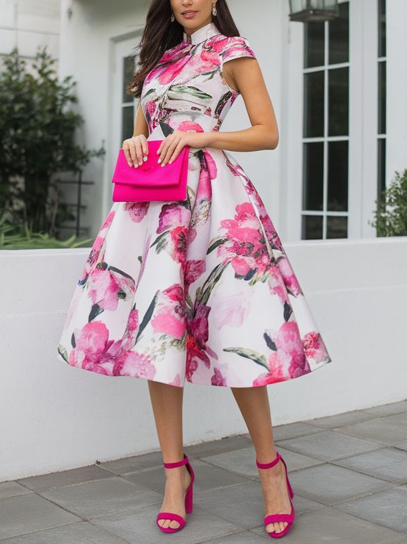 Elegant Floral Printing Stand Collar Midi Dress