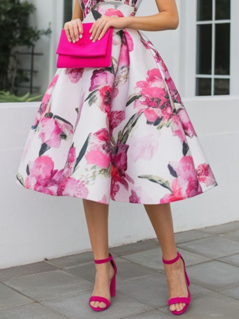 Elegant Floral Printing Stand Collar Midi Dress