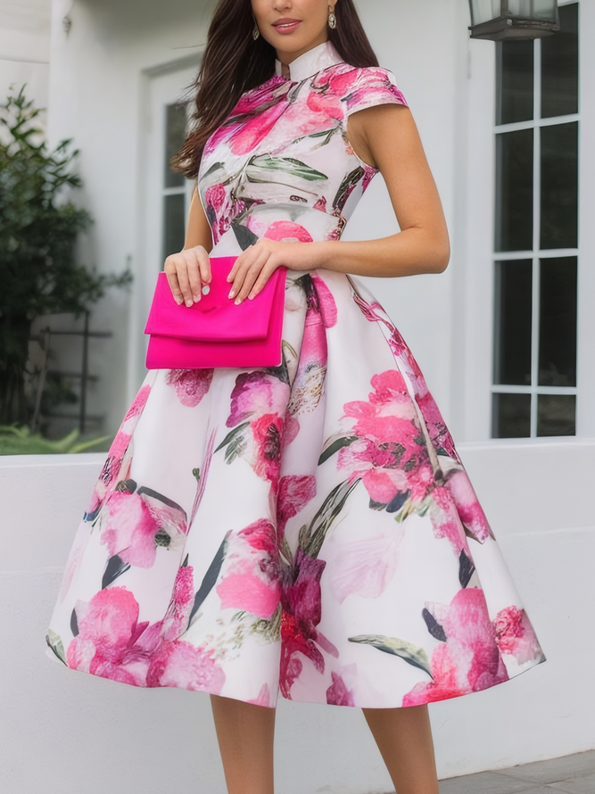 Elegant Floral Printing Stand Collar Midi Dress