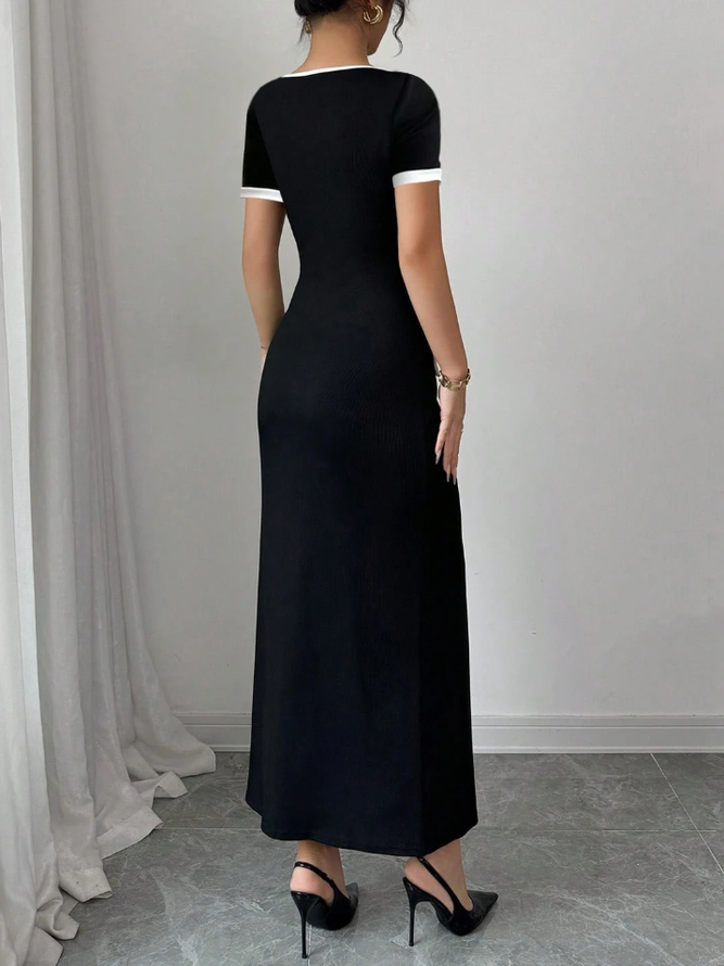 Elegant Color Block Buttoned Midi Dress