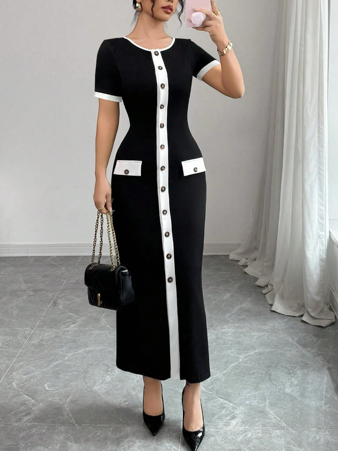 Elegant Color Block Buttoned Midi Dress