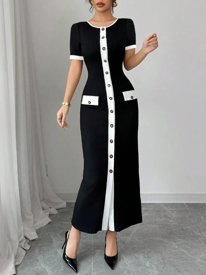Elegant Color Block Buttoned Midi Dress