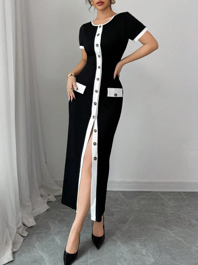 Elegant Color Block Buttoned Midi Dress