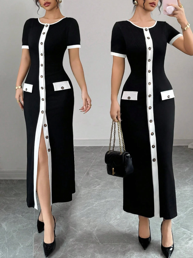 Elegant Color Block Buttoned Midi Dress