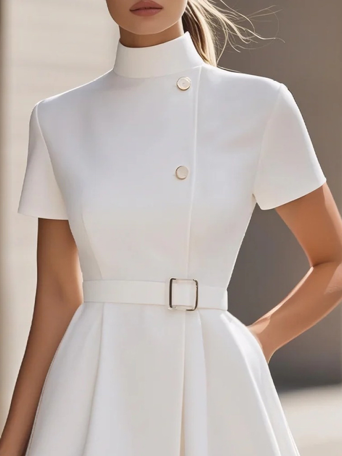 Urban Plain Stand Collar Knee Length Dress With Belt