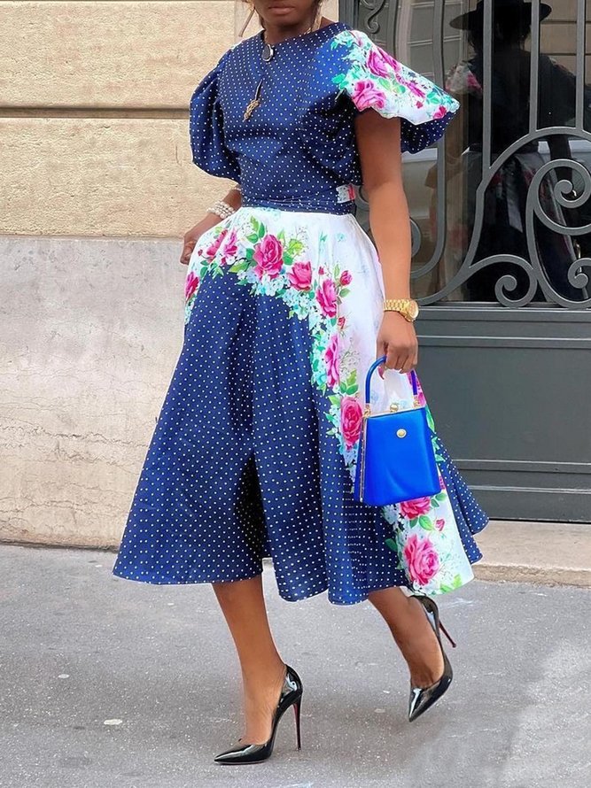 Elegant Polka Dots Puff Sleeve Printing Crew Neck Knee Length Dress