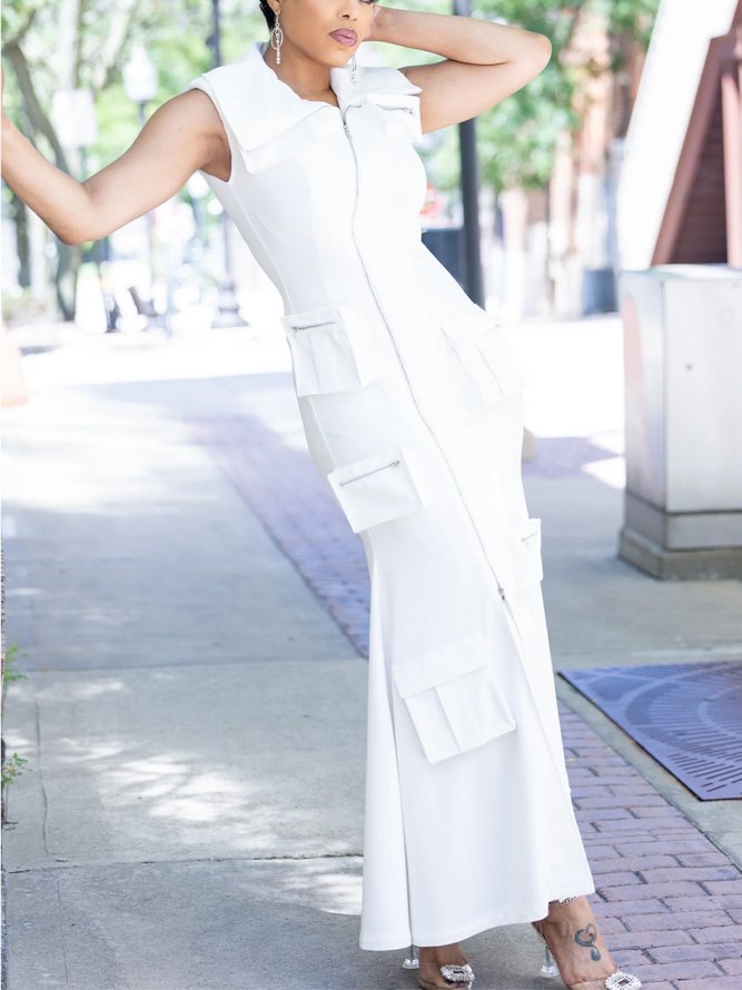 Urban Plain Pockets Shawl Collar Maxi Dress