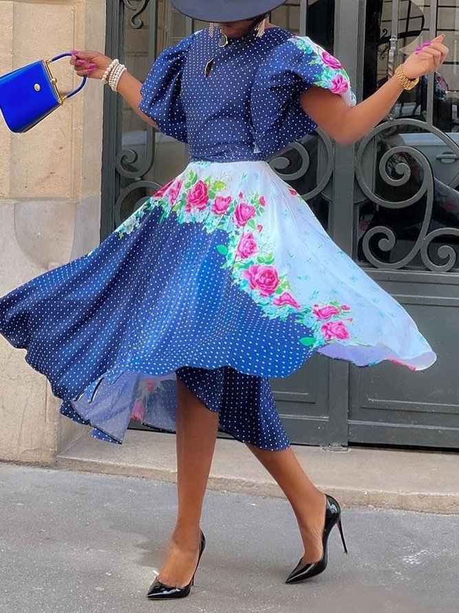 Elegant Polka Dots Puff Sleeve Printing Crew Neck Knee Length Dress