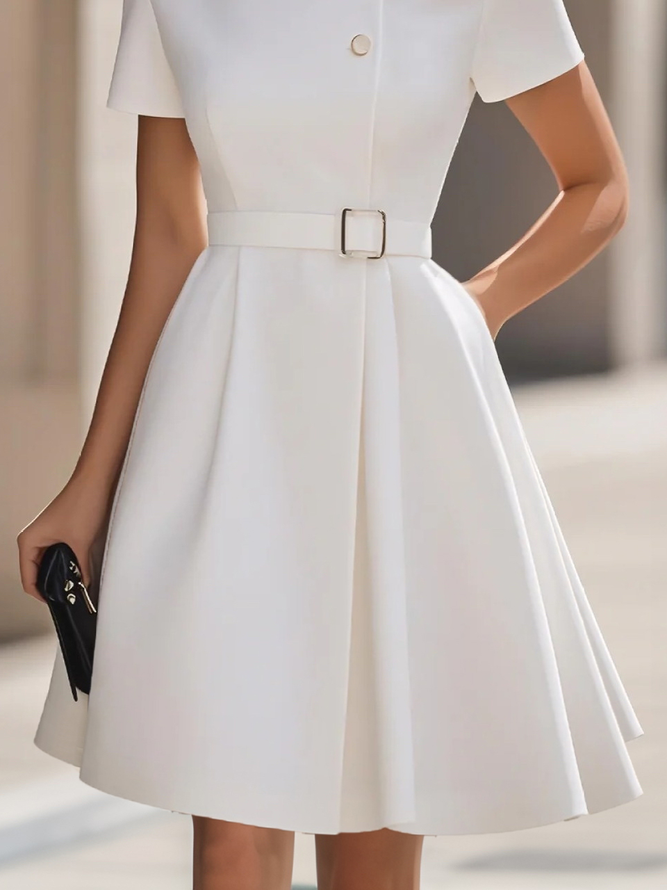 Urban Plain Stand Collar Knee Length Dress With Belt