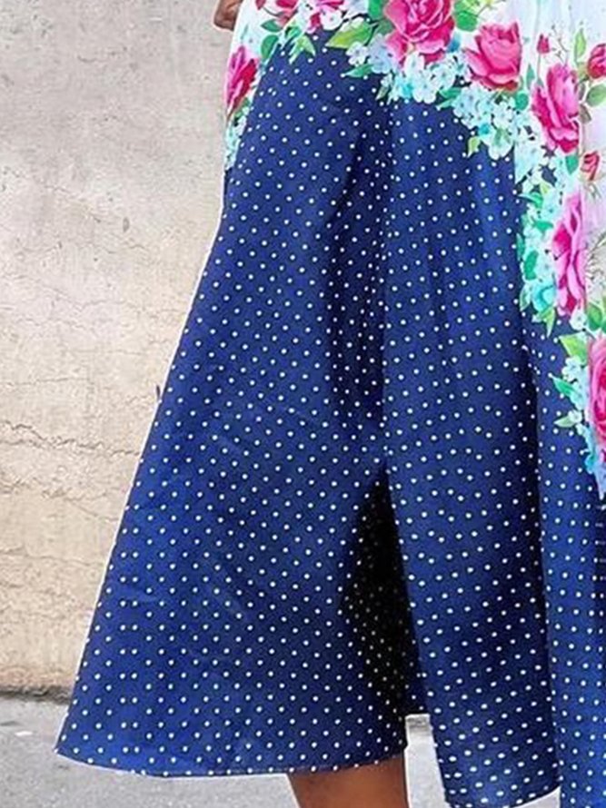 Elegant Polka Dots Puff Sleeve Printing Crew Neck Knee Length Dress