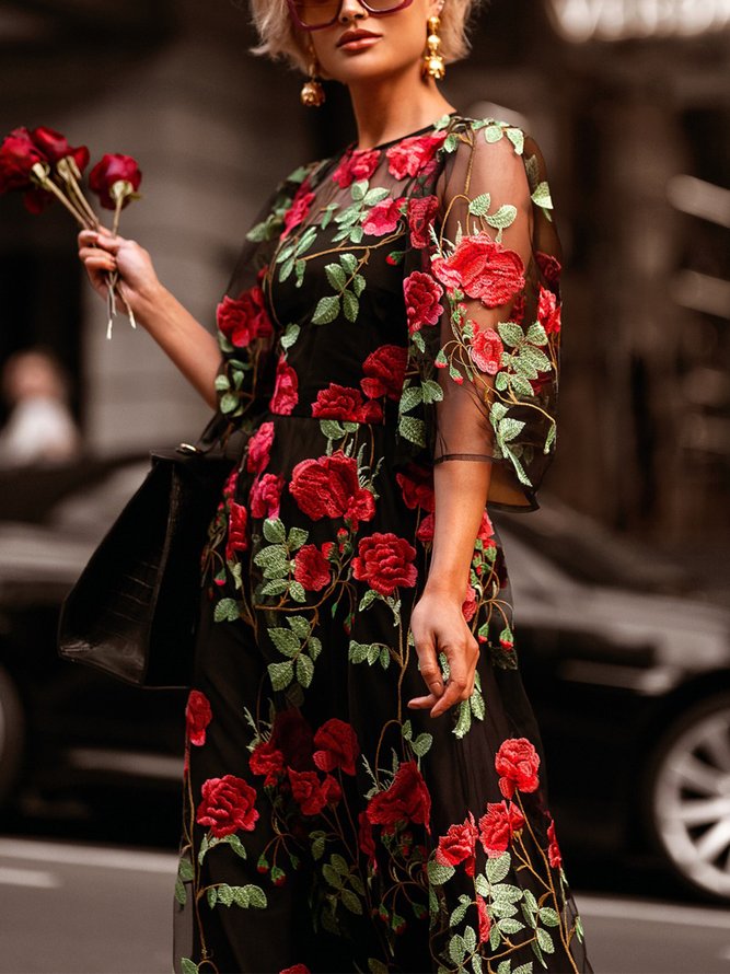 Elegant Floral Embroidery Crew Neck Midi Party Dress