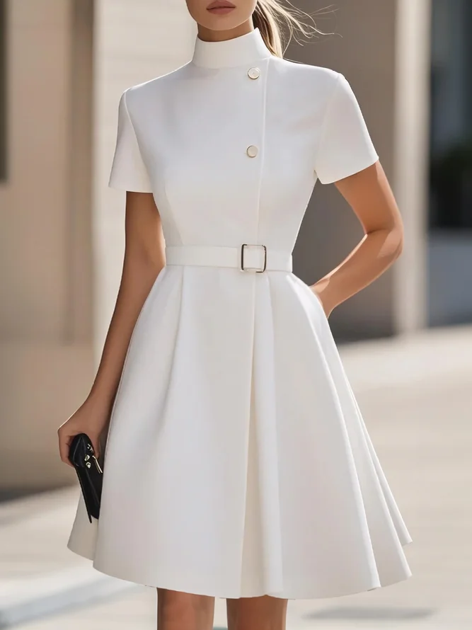 Urban Plain Stand Collar Knee Length Dress With Belt