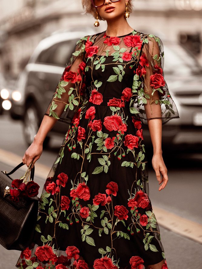 Elegant Floral Embroidery Crew Neck Midi Party Dress