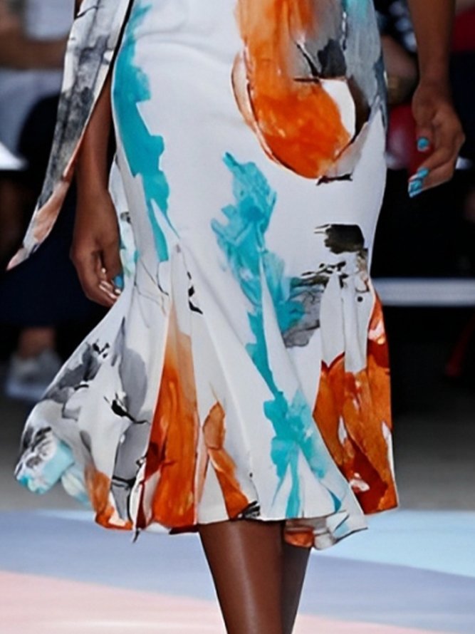 Elegant Random Print Printing Crew Neck Midi Dress With Scarf