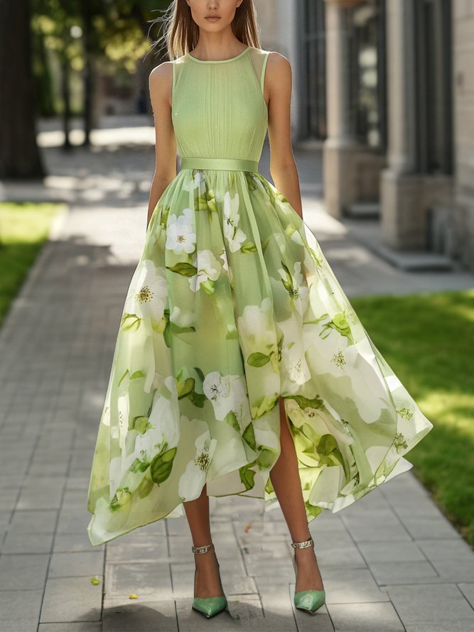 Vacation Floral Printing Crew Neck Midi Dress