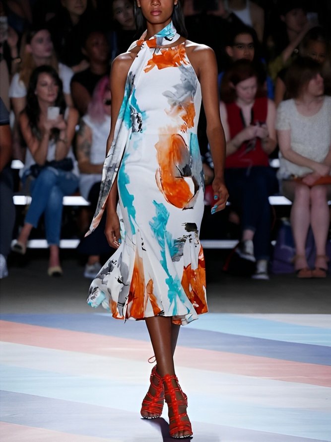 Elegant Random Print Printing Crew Neck Midi Dress With Scarf