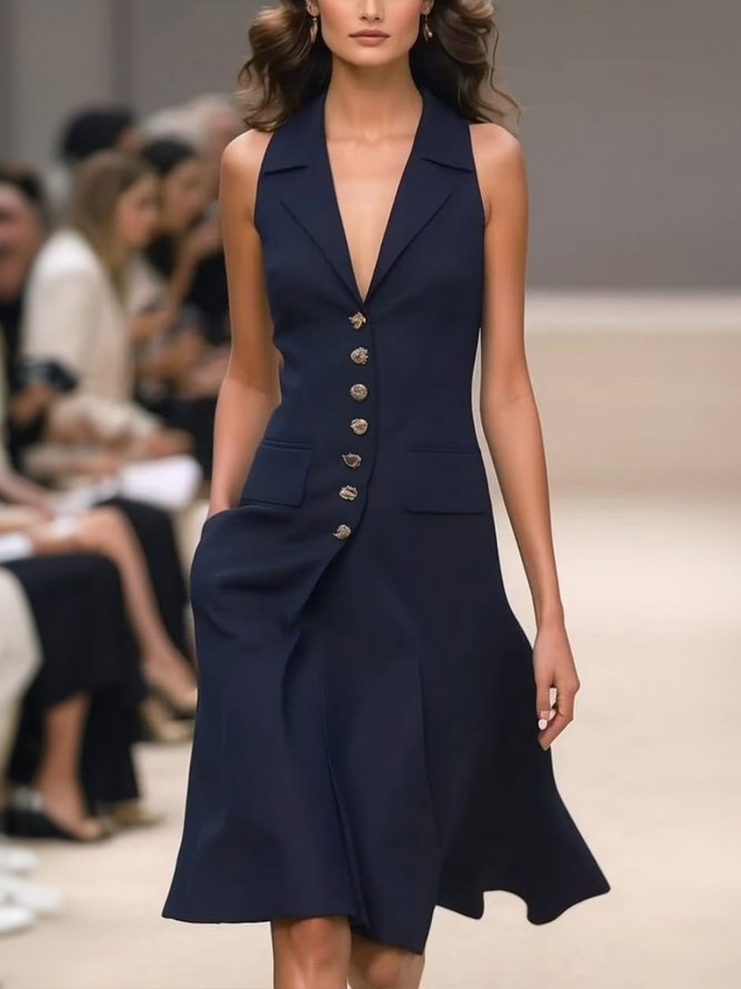 Urban Plain Buttoned Lapel Collar Knee Length Dress