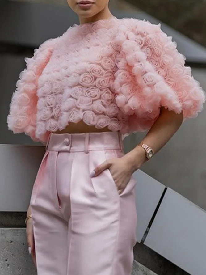 Urban Plain 3D Floral Crew Neck Puff Sleeve Blouse