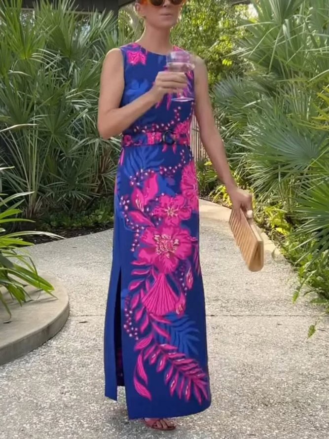 Vacation Floral Side-Slit Crew Neck Maxi Dress With Belt