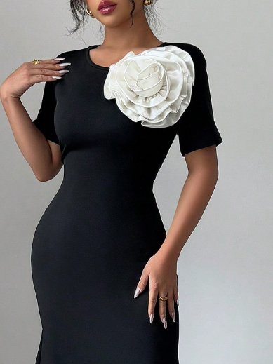 Elegant Color Block 3D Floral Midi Dress
