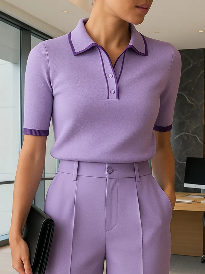 Urban Color Block Buttoned Polo Collar Knit Top