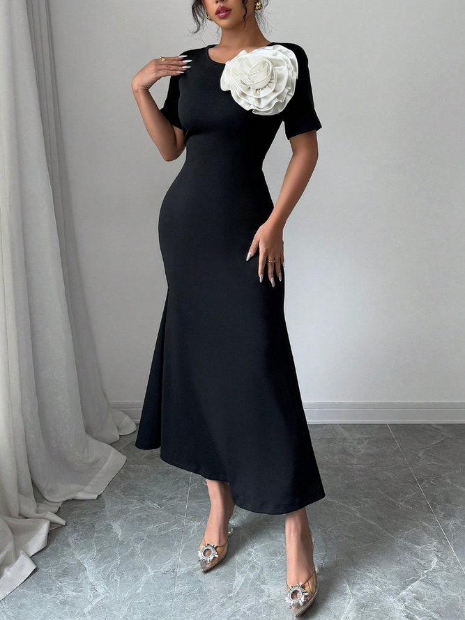 Elegant Color Block 3D Floral Midi Dress