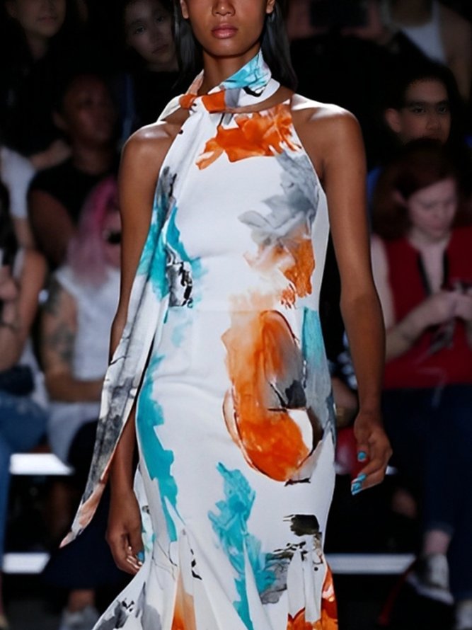 Elegant Random Print Printing Crew Neck Midi Dress With Scarf