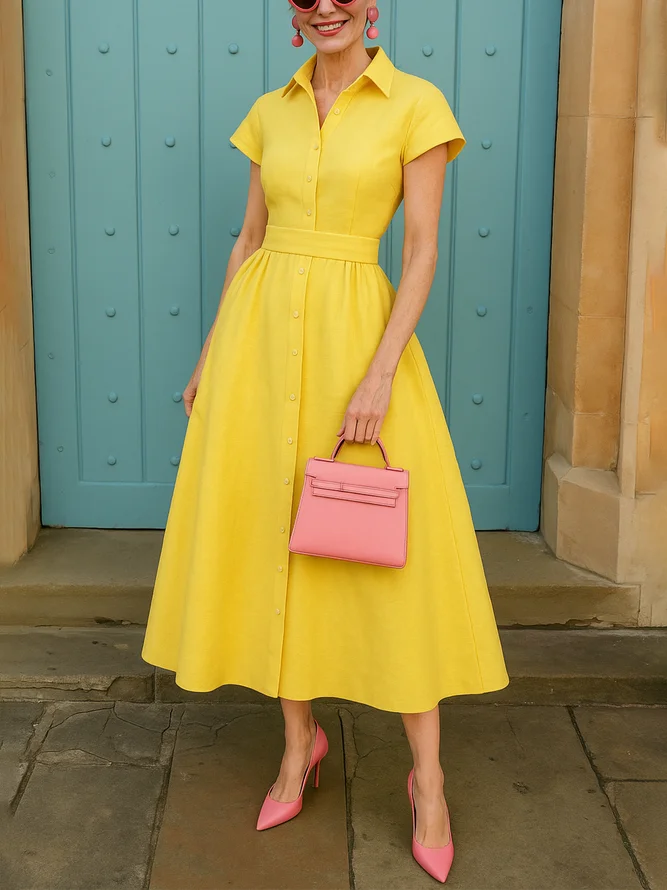 Casual Plain Cotton Distressing Shirt Collar Midi Dress